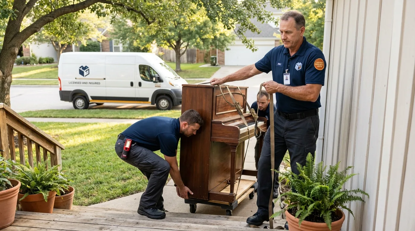 Licensed piano movers securing grand piano in Saint Simons Island, GA