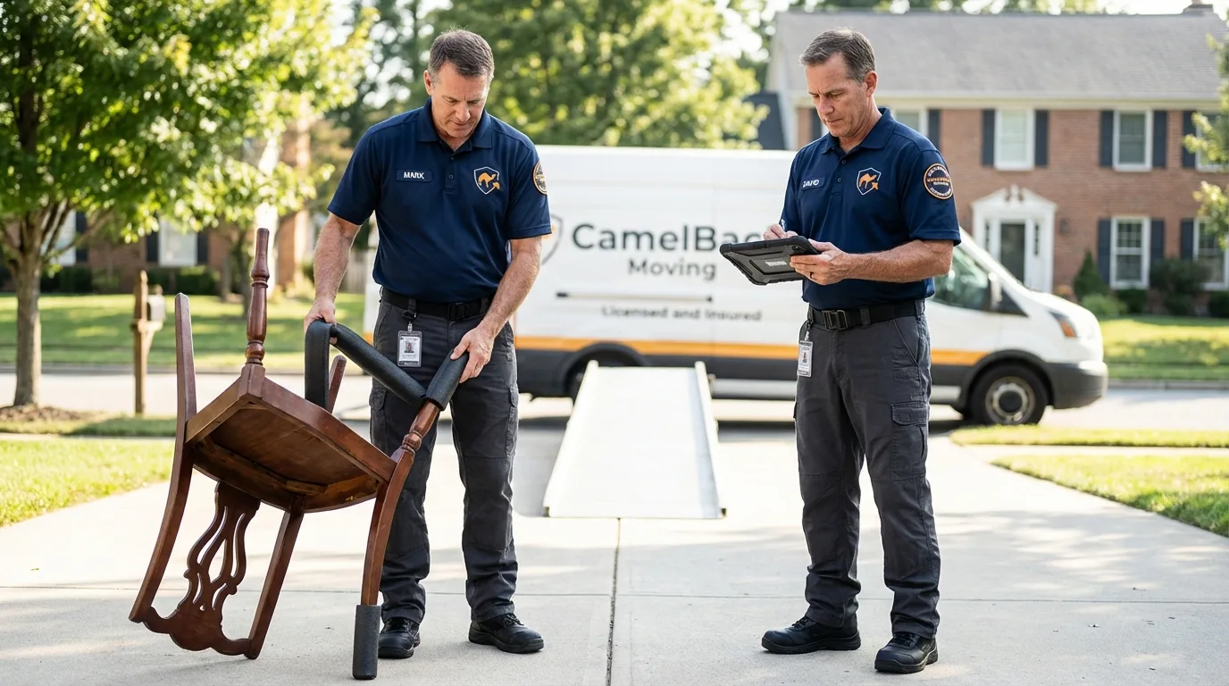 Movers inspecting furniture for damage prevention before loading in Saint Simons Island, GA