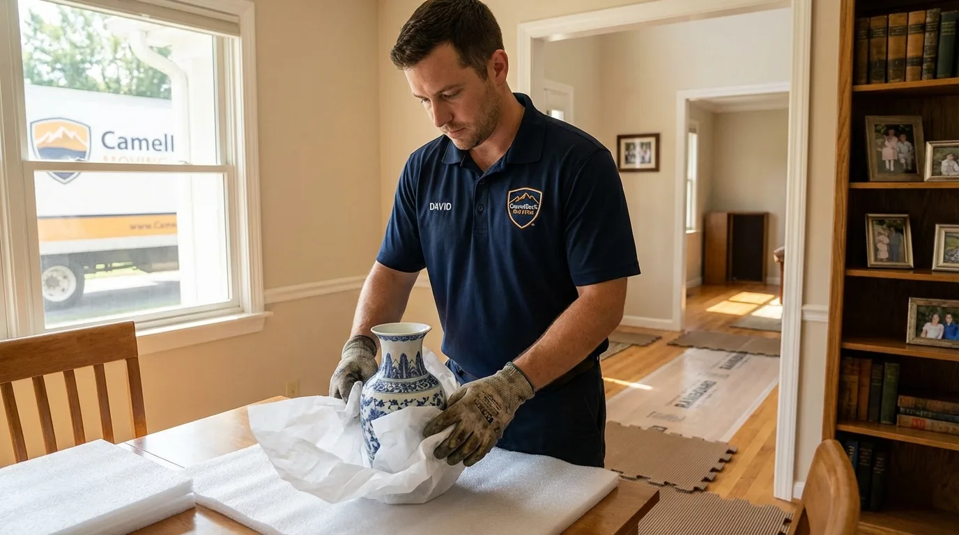 Professional crew carefully wrapping antique vase for senior downsizing move in Saint Simons Island, GA